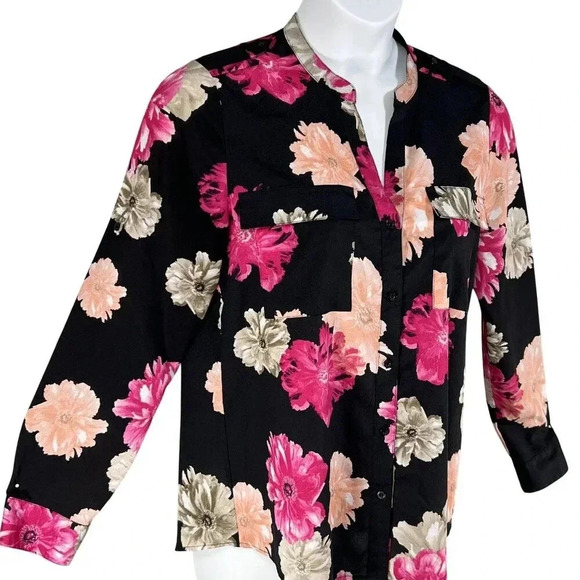 Calvin Klein Women L Black Pink Floral Button-Up Blouse Long Roll Tab Sleeve Top - Picture 6 of 16